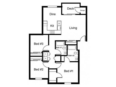 Floor plan for 3 beds, 2 baths, 1106 sqft