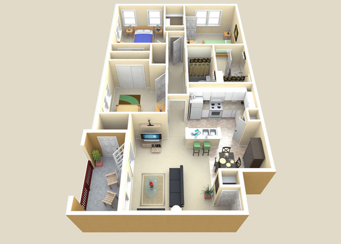 Floor plan for 3 beds, 2 baths, 1191 sqft