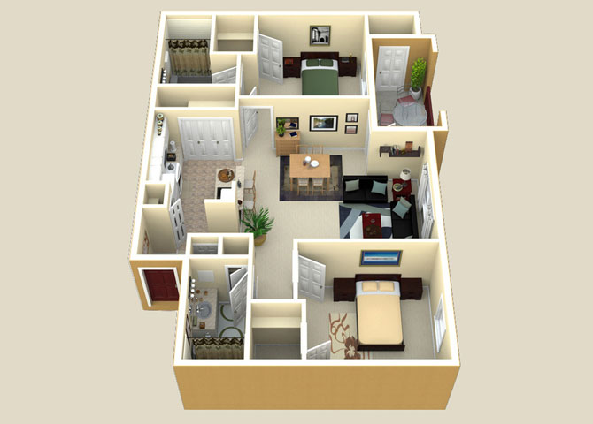 Floor plan for 2 beds, 2 baths, 990 sqft