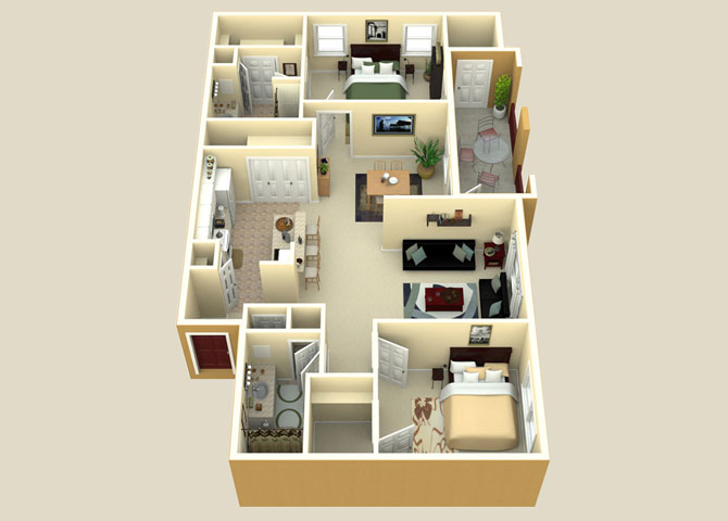 Floor plan for 2 beds, 2 baths, 1101 sqft