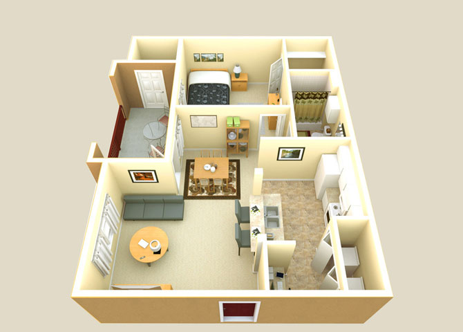 Floor plan for 1 bed, 1 bath, 640 sqft