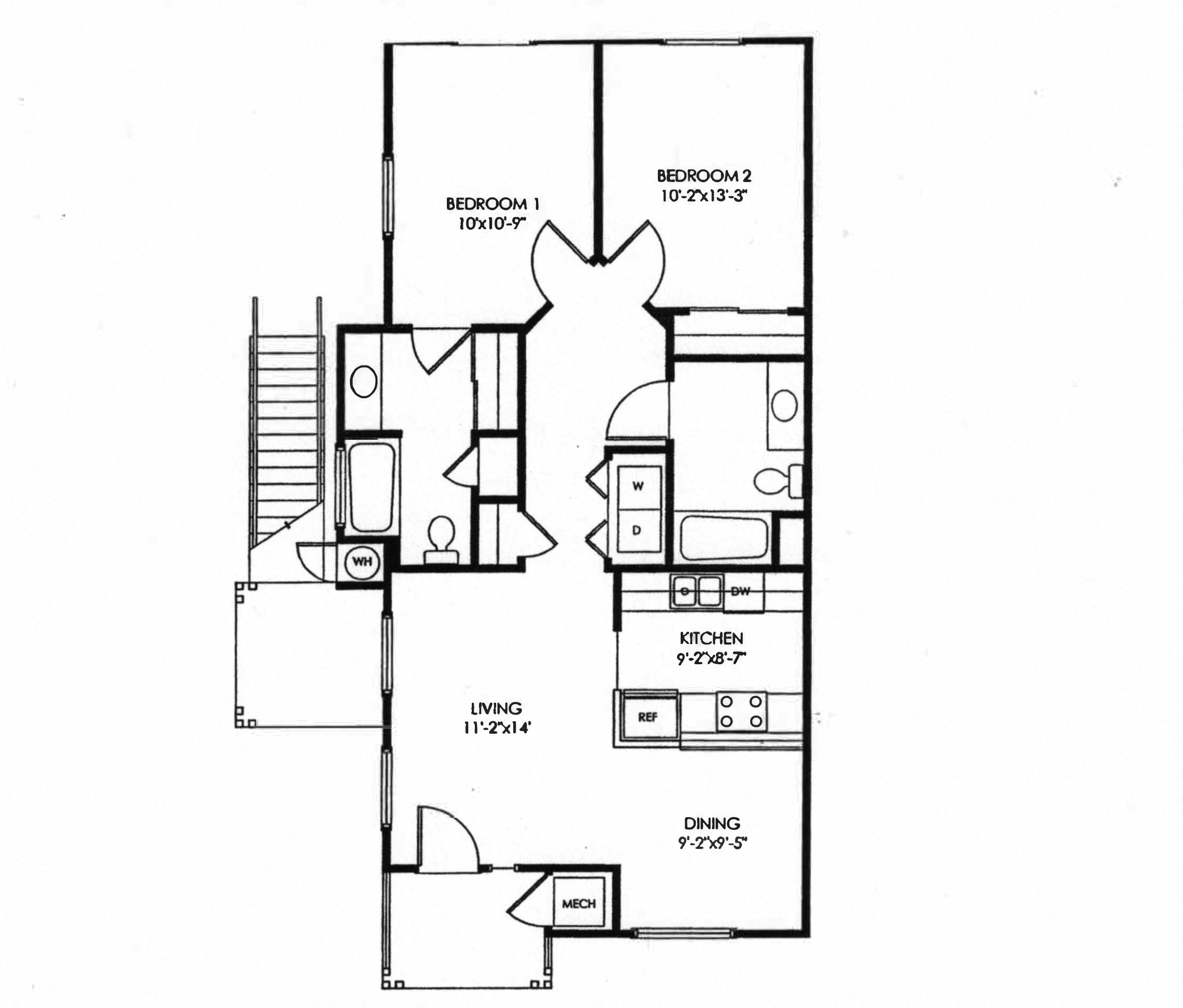 Floor plan for 2 beds, 2 baths, 980 sqft