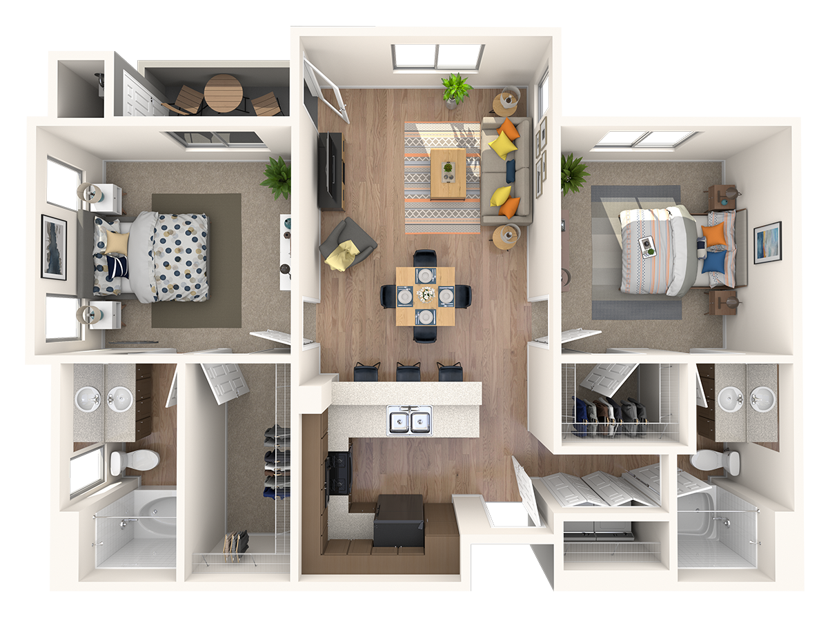 Floor plan for 2 beds, 2 baths, 1016 sqft