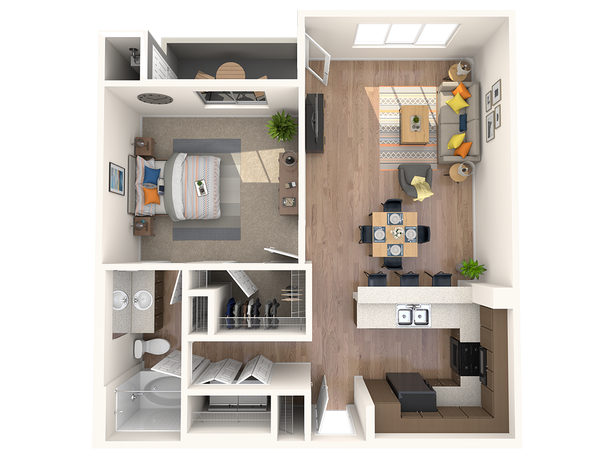 Floor plan for 1 bed, 1 bath, 762 sqft