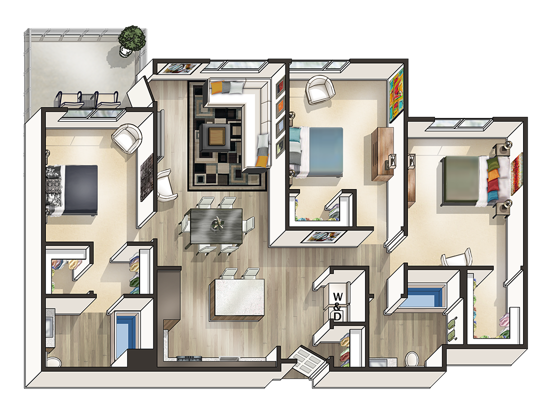 Floor plan for 3 beds, 2 baths, 1449 sqft