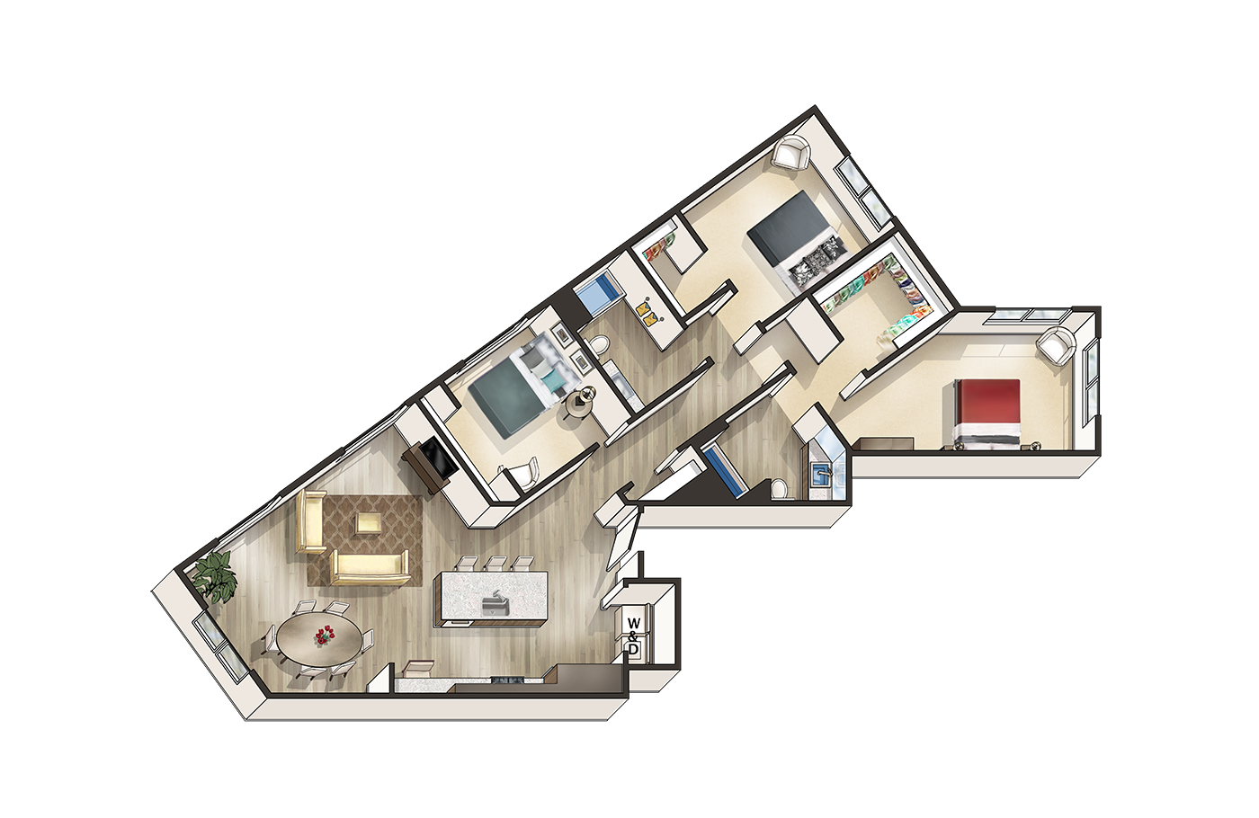 Floor plan for 3 beds, 2 baths, 1562 sqft