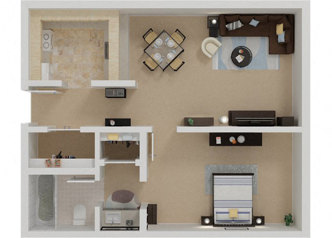 Floor plan for 1 bed, 1 bath, 600 sqft
