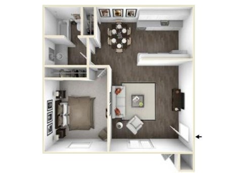 Floor plan for 1 bed, 1 bath, 652 sqft