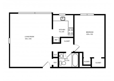 Floor plan for 1 bed, 1 bath, 620 sqft