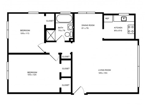 Floor plan for 2 beds, 1 bath, 840 sqft