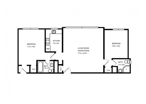 Floor plan for 2 beds, 2 baths, 835 sqft