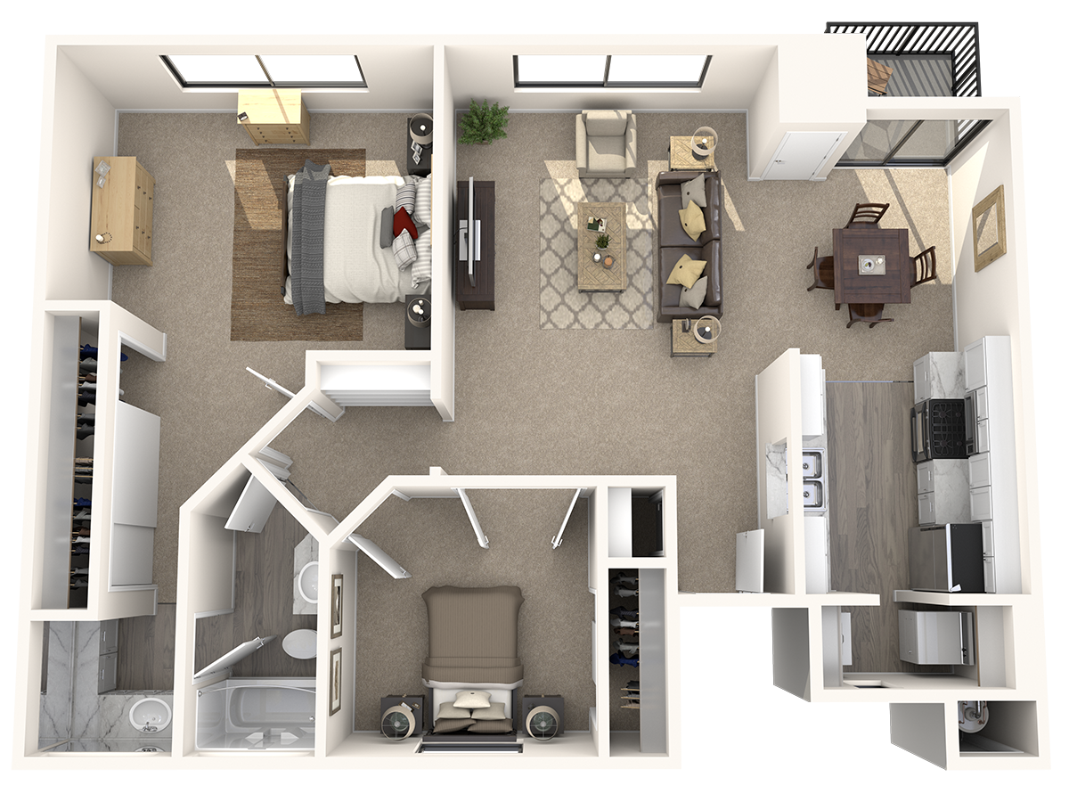 Floor plan for 2 beds, 1.2 baths, 985 sqft
