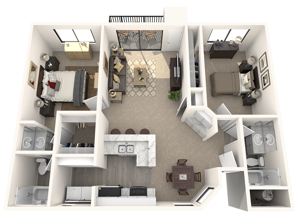 Floor plan for 2 beds, 2 baths, 1030 sqft