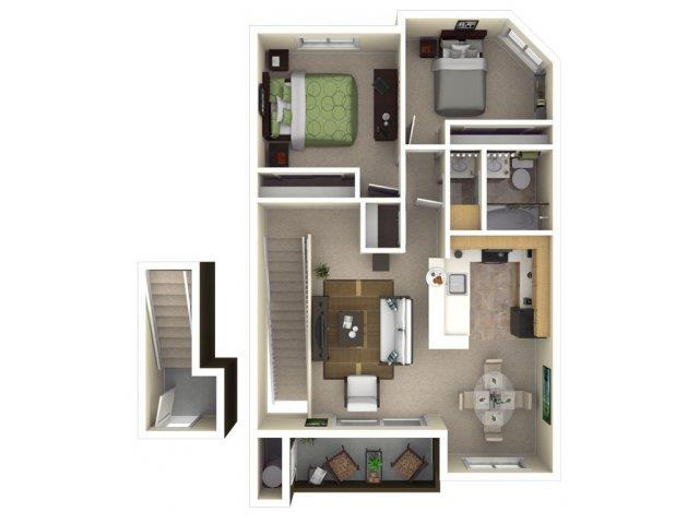 Floor plan for 2 beds, 1 bath, 873 sqft