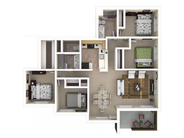 Floor plan for 4 beds, 2 baths, 1489 sqft