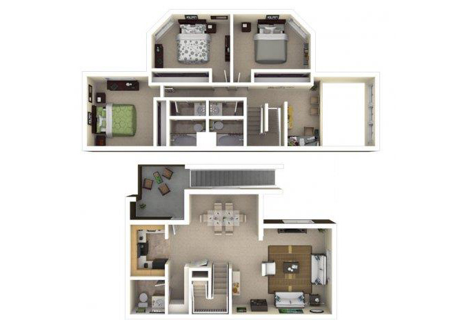 Floor plan for 3 beds, 2.5 baths, 1307 sqft