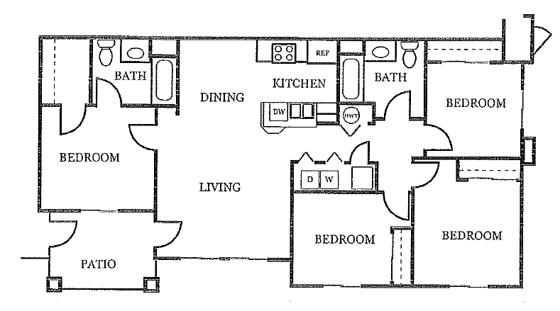 Floor plan for 4 beds, 2 baths, 1268 sqft