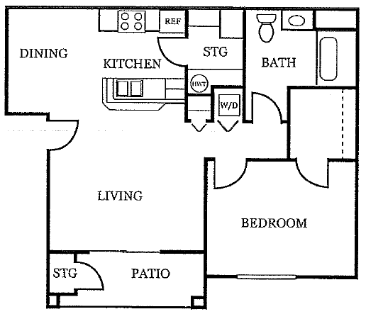 Floor plan for 1 bed, 1 bath, 763 sqft