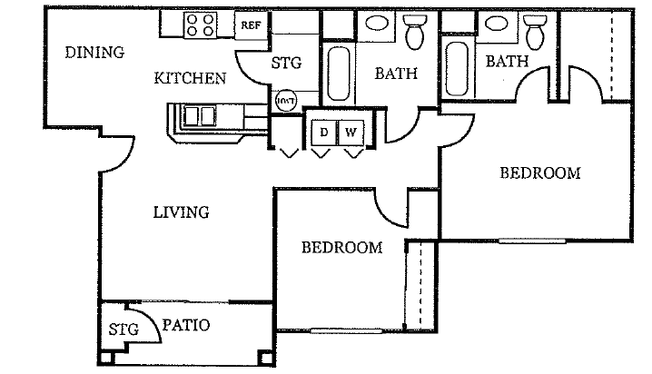 Floor plan for 2 beds, 2 baths, 970 sqft