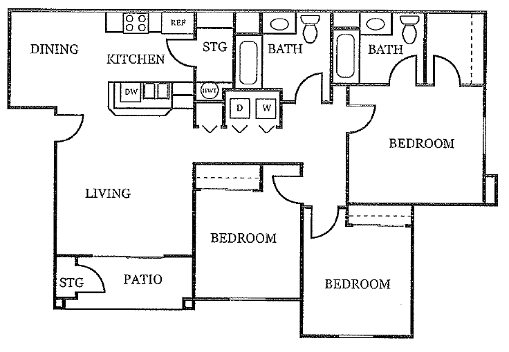 Floor plan for 3 beds, 2 baths, 1112 sqft