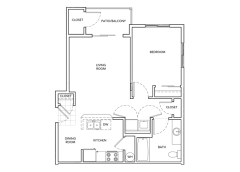Floor plan for 1 bed, 1 bath, 687 sqft