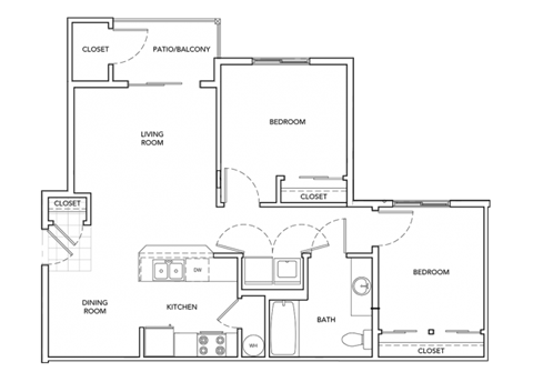 Floor plan for 2 beds, 1 bath, 833 sqft