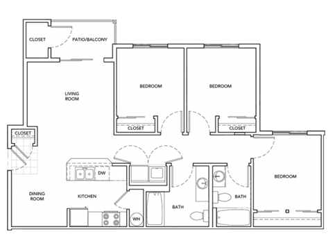 Floor plan for 3 beds, 2 baths, 1034 sqft