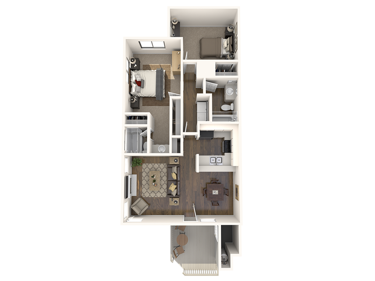 Floor plan for 2 beds, 2 baths, 990 sqft