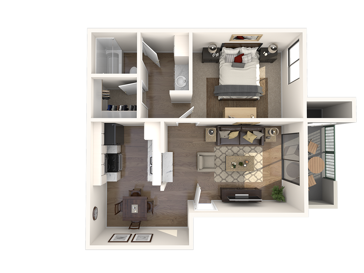 Floor plan for 1 bed, 1 bath, 720 sqft
