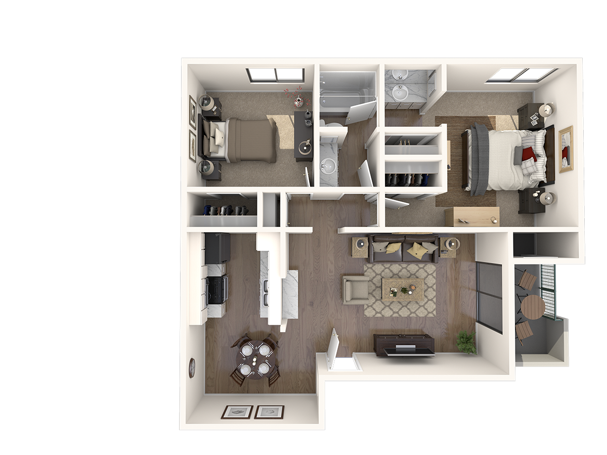 Floor plan for 2 beds, 1 bath, 950 sqft