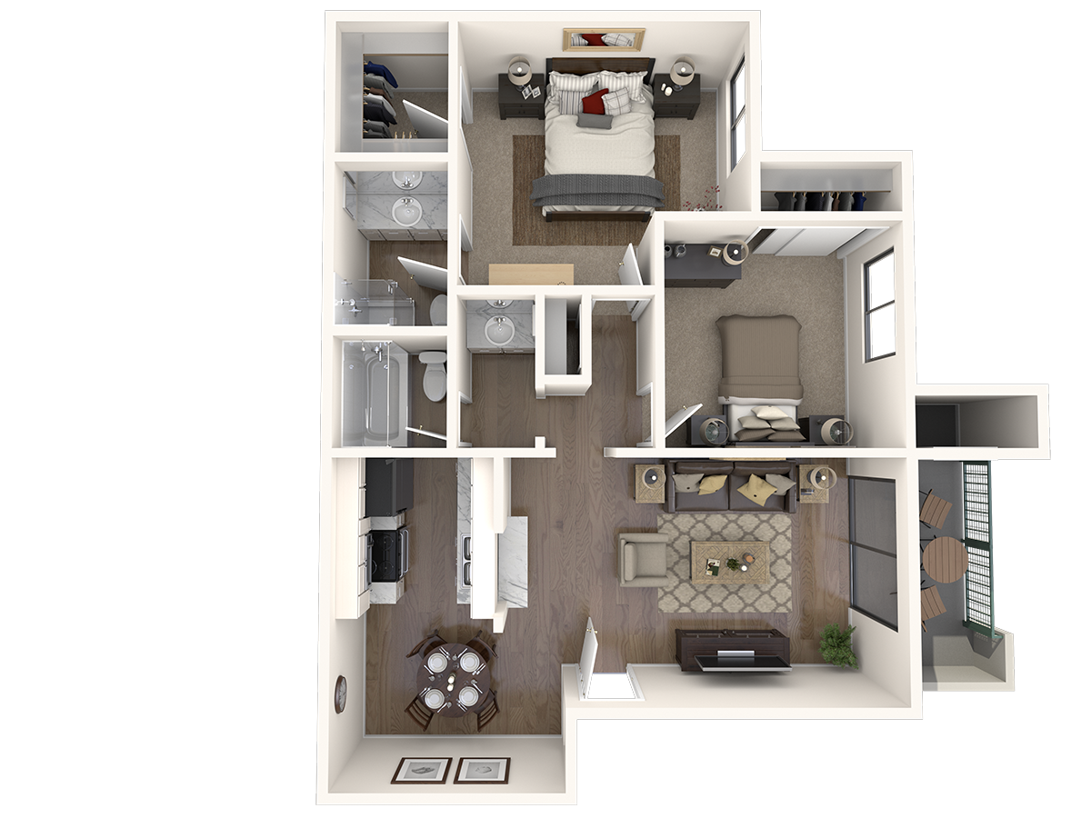 Floor plan for 2 beds, 2 baths, 980 sqft
