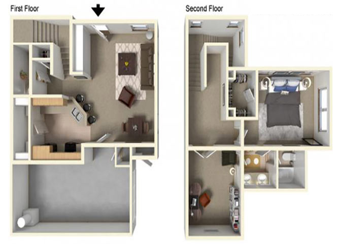 Floor plan for 1 bed, 1.5 baths, 994 sqft