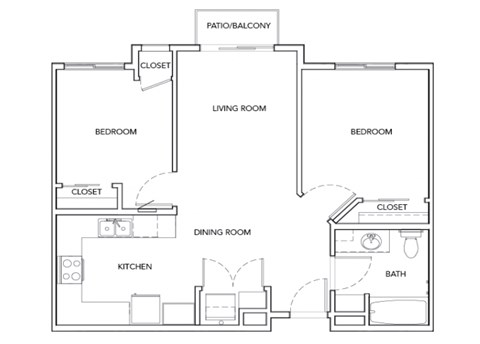 Floor plan for 2 beds, 1 bath, 779 sqft