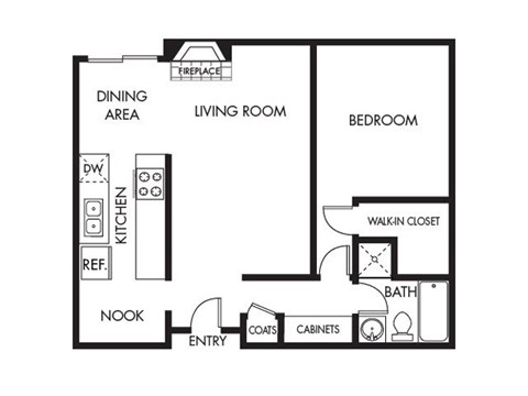 Floor plan for 1 bed, 1 bath, 860 sqft