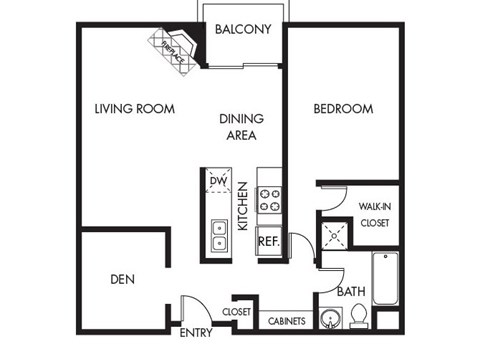 Floor plan for 1 bed, 1 bath, 870 sqft