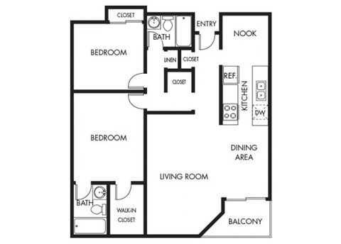 Floor plan for 2 beds, 2 baths, 975 sqft