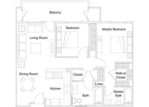 Floor plan for 2 beds, 2 baths, 875 sqft