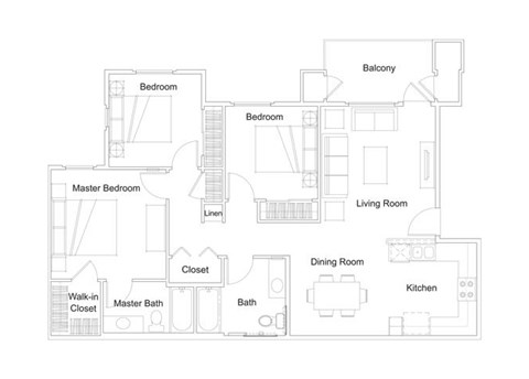 Floor plan for 3 beds, 2 baths, 1100 sqft