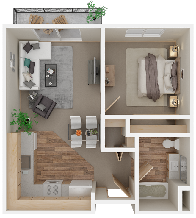 Floor plan for 1 bed, 1 bath, 648 sqft
