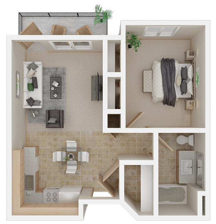 Floor plan for 1 bed, 1 bath, 570 sqft