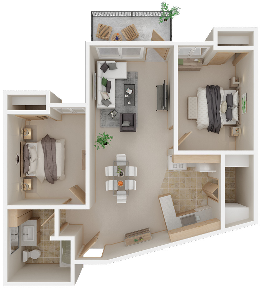 Floor plan for 2 beds, 1 bath, 711 sqft