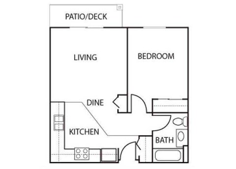 Floor plan for 1 bed, 1 bath, 600 sqft