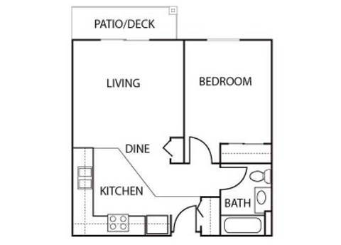 Floor plan for 1 bed, 1 bath, 600 sqft