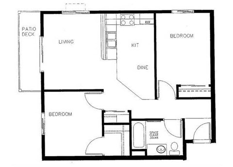 Floor plan for 2 beds, 1 bath, 800 sqft