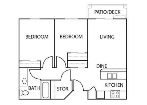 Floor plan for 2 beds, 1 bath, 800 sqft