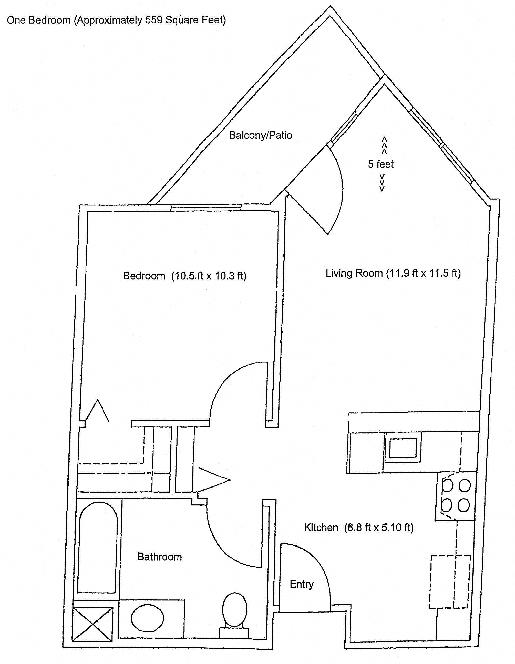 Floor plan for 1 bed, 1 bath, 598 sqft