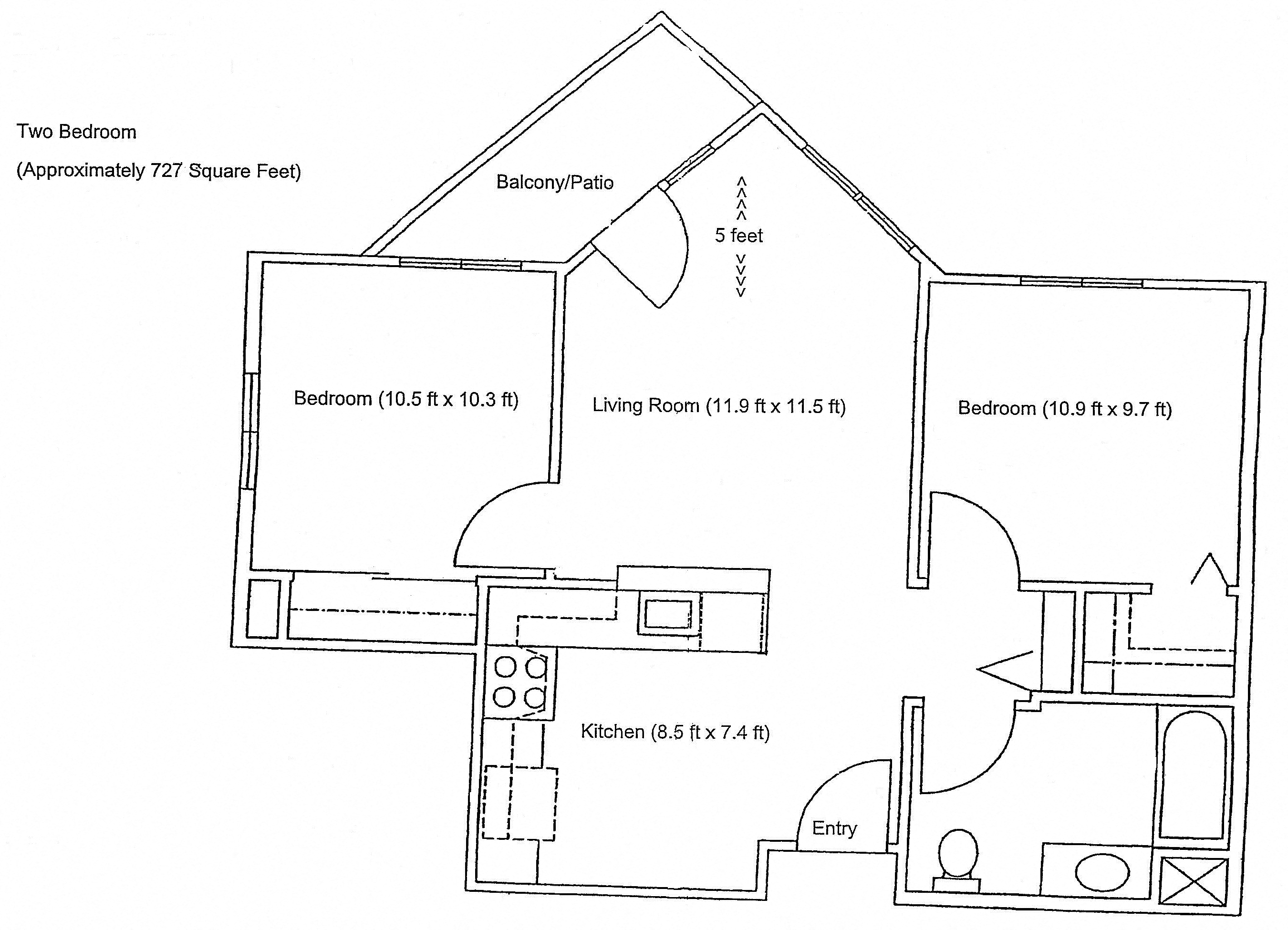 Floor plan for 2 beds, 1 bath, 696 sqft