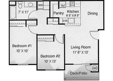 Floor plan for 2 beds, 1 bath, 825 sqft