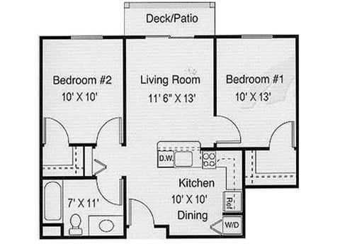 Floor plan for 2 beds, 1 bath, 713 sqft