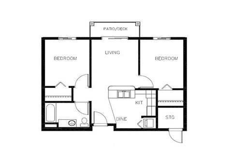 Floor plan for 2 beds, 1 bath, 751 sqft